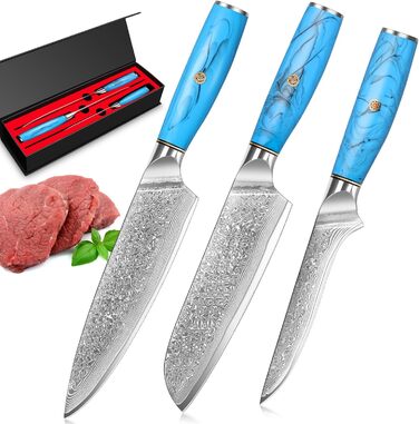 Ніж Kiritsuke Kochmesser Damast від Home Safety: професійний кухонний ніж з лезом 18.8 см з 67 шарів VG-10 Damaststahl, ергономічна ручка з натуральної смоли, подарункова коробка (3 шт)