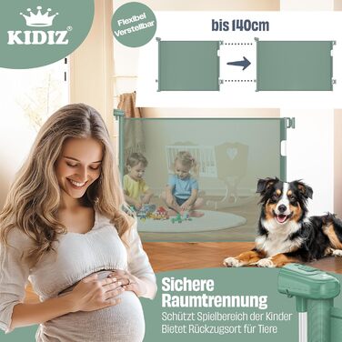Захист для сходів KIDIZ®: розтягуваний захист для дітей та домашніх тварин | Захист для сходів та дверей | З кріпленням до підлоги та аксесуарами для монтажу (0-140 см, зелений)