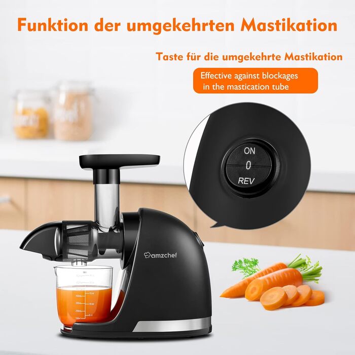 AMZCHEF Juicer for Vegetables and Fruits - Test Winner - Slow Juicer with Reverse-Masticating Function - Gentle Crushing Without Filtering - Electric Juice Press with Brush and 2 Cups - Matte Black