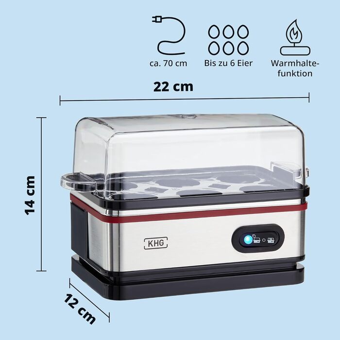 Електричний яйцеварка KHG EK-600SE: 6 яєць, нержавіюча сталь, з підігрівом, ретро-дизайн, з будильником та мірним стаканом, 400 Вт