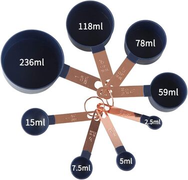 Measuring spoons, stainless steel handle, rose gold-plated plastic measuring cup, 8-piece graduated measuring spoon set (blue, 8 pieces) (blue 8 pieces)