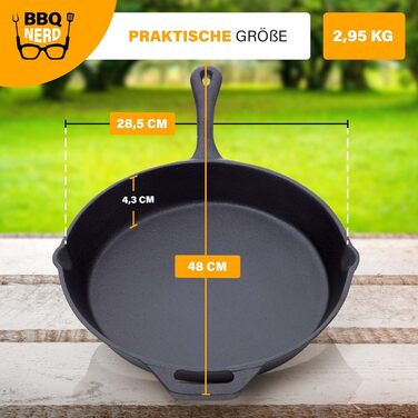 Чавунна сковорода BBQ Nerd для гриля, смаження та запікання, 35 см, 4550 г, з носиком і ручкою, антипригарна, вогнестійка, зберігає тепло, зі знімною ручкою 25 см