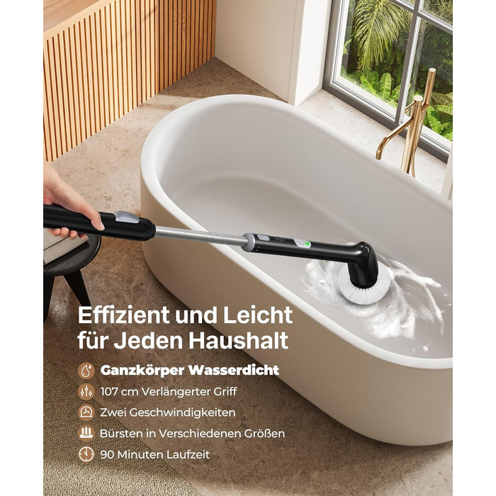 LyriFine Electric Cleaning Brush, New Full-Body IPX7 Waterproof Electric Cleaning Brush, Electric Cleaning Brush for Household Use with Long Handle, 2 Speeds, Replacement Heads for Bathroom (Full Black)