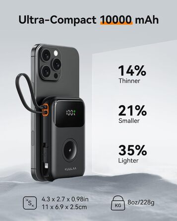 Power Bank Kuulaa для Apple Watch 10000mAh з LCD-дисплеєм та двома кабелями, 22.5W PD, сумісний з iPhone, iPad, Apple Watch 10/9/8/Ultra2/Ultra/SE