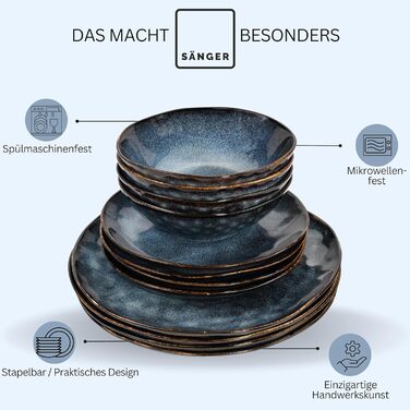 Singer | Tokio 24-Piece Dinnerware Set, Tableware Set for 8 People, Stoneware Tableware Set, Dinnerware, Modern Handmade, Dark Blue Dinner Service with Black Accents | PREMIUM COLLECTION