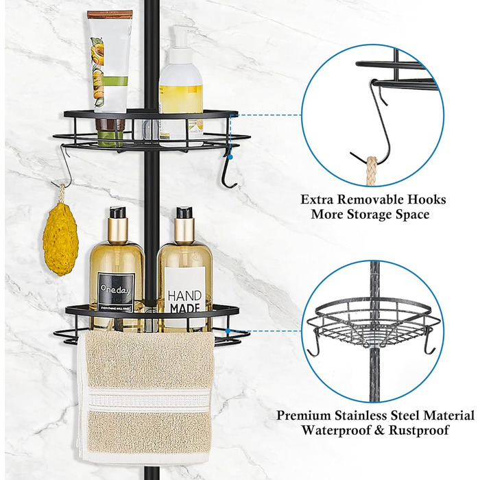 SWOYYU Telescopic Shower Shelf No Drilling Corner Shelf Metal Corner Shelf Bathroom Shelf Adjustable Height with 4 Baskets for Bathtub and Bathroom Rustproof 85-325CM Black