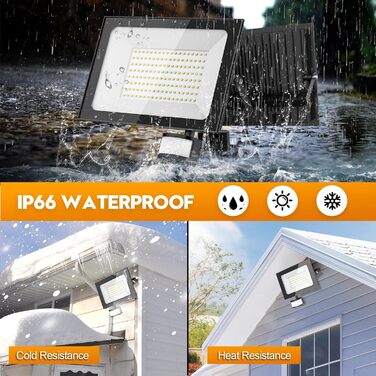 papasbox 2 Pack LED Floodlights with Motion Sensor and Light Sensor | Outdoor Floodlights/Spotlights with Remote Control | 6500K Cool White IP66 Waterproof Floodlights for Garden, Garage, Sports Field (150W, 2 Pack)