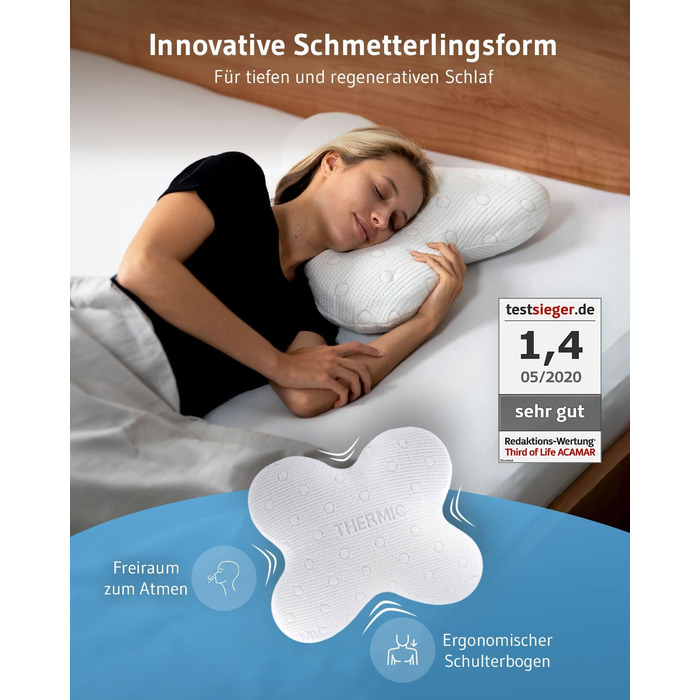 Side Sleeper Pillow ACAMAR, Third of Life - 2022 Innovation Award Winner, Orthopedic Neck Pillow for Neck Pain, Viscoelastic Memory Foam, Ergonomic Head Pillow with Thermo Cover White Thermoregulating Cover