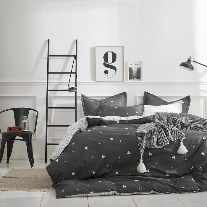 Комплект постільної білизни Uozzi Bedding Queen: 3 шт., блакитний, сірий, трикутний дизайн, 800 TC, мікрофібра з блискавкою, 4 стрічки, сучасний літній стиль для жінок та чоловіків (темно-сірий, Twin (1 комплект простирадла + 2 наволочки))