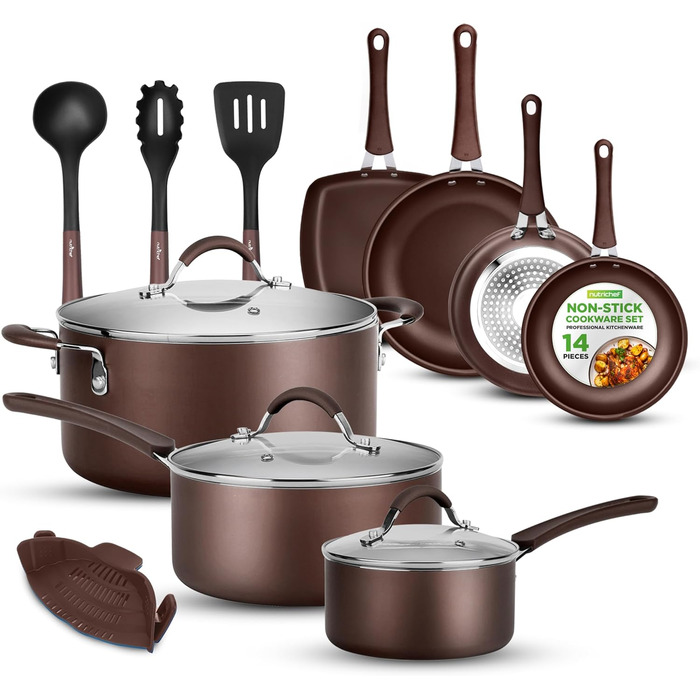 Nutrichef Frying Pans & Induction Cookware Set, 14-Piece Frying Pan Set & Pot Set Induction, Pots & Pans with Cool-Touch Handles PFOA/PFOS-free – Non-Stick – Aluminum with Stainless Steel Edges – Oven-Safe Brown
