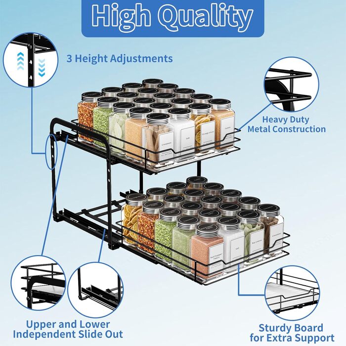 Висувна полиця для спецій у шафу, 2 яруси, регульована висота, чорний колір, органайзер для спецій, органайзер для кухні, розмір 23.8x26.4x23 см