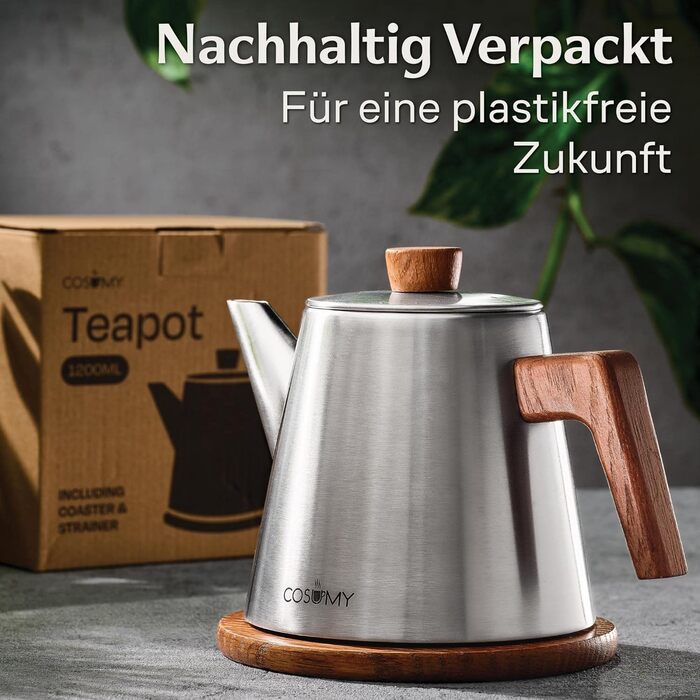 Teapot with infuser and trivet - Stainless steel & FSC wood - Induction and all other stovetops - 1200ml