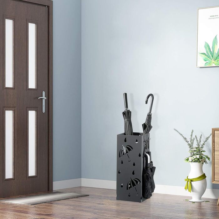 WOLTU Iron Umbrella Stand - Rectangular, 20x20x49cm - with Water Tray & 4 Hooks - Anthracite SST02an
