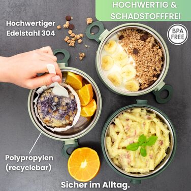 Бенто-бокс 'Elliot' 2400 мл, 3 секції з посудом, преміум нержавіюча сталь, зелений, без BPA, велика ланчбокс для дорослих, для Meal Prep, витримує мікрохвильову піч, не протікає