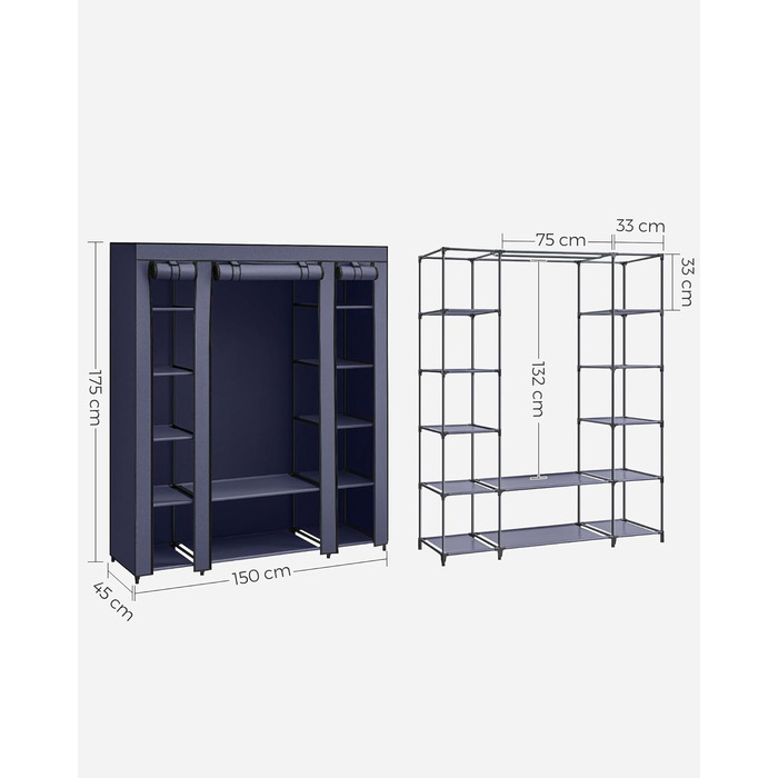 SONGMICS Clothes Closet, Fabric Closet, with Clothes Rod and Shelves, Fabric Cover, for Bedroom, Dressing Room, 150 x 45 x 175 cm, LSF03H (Navy Blue)