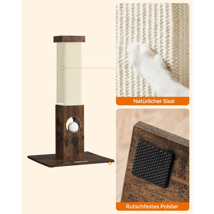 Feandrea Cat Tree, Scratching Post, Cat Scratching Tree, 10 cm Thick Trunk, Scratching Post Made of Natural Sisal Rope, 73 cm High, with Plush Play Ball, Furniture Scratch Protector, PCA021G01 (Vintage Brown)