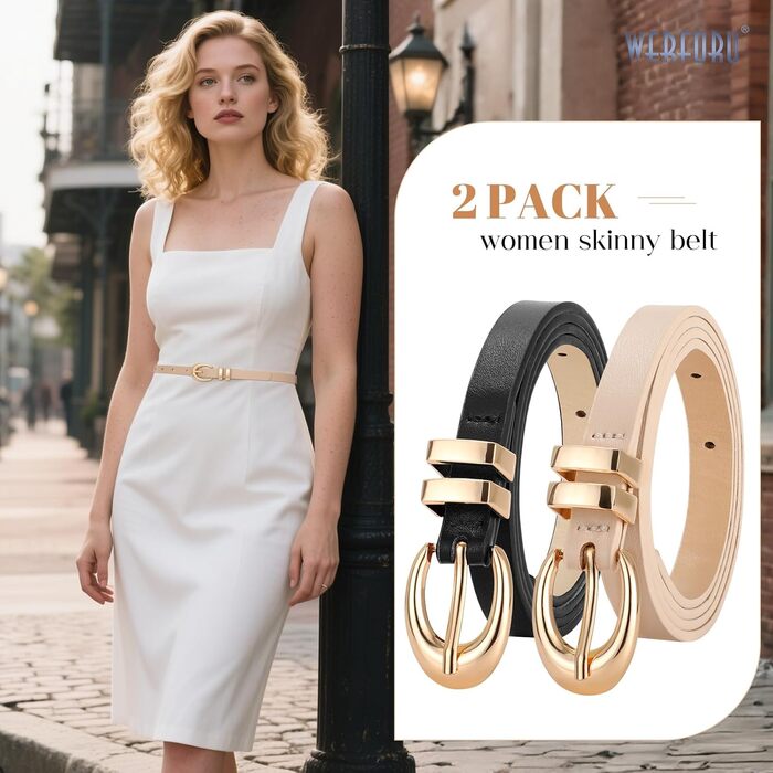 Жіночі шкіряні ремені WERFORU - 2 шт. Тонкі ремені з золотими/срібними пряжками для джинсів, штанів, суконь. Розміри 68-83 см та 99-114 см (чорний+бежевий)