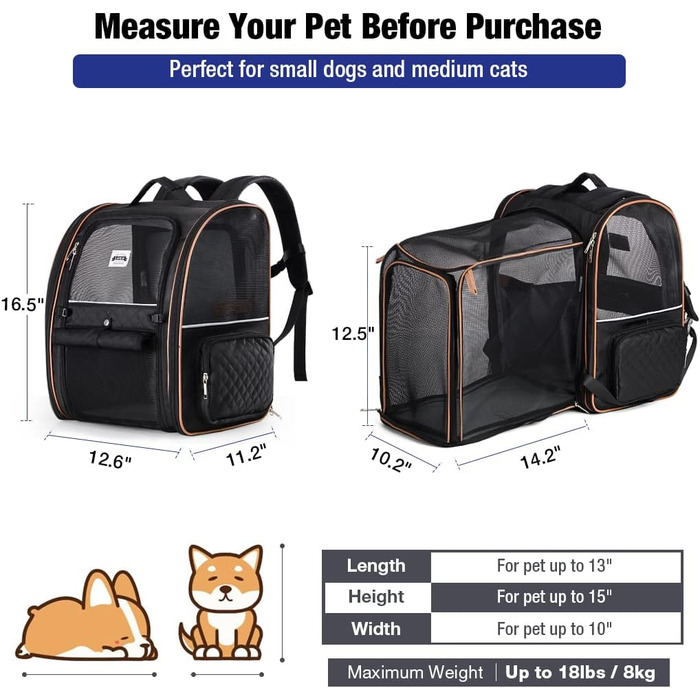 Рюкзак для кота Lekebobor, розширюваний, переноска для домашніх тварин, для маленьких собак та середніх котів до 8 кг, складаний, для подорожей та хайкінгу, в полоску, 12.6'L x 11.2'W x 16.5'H - L, Чорний