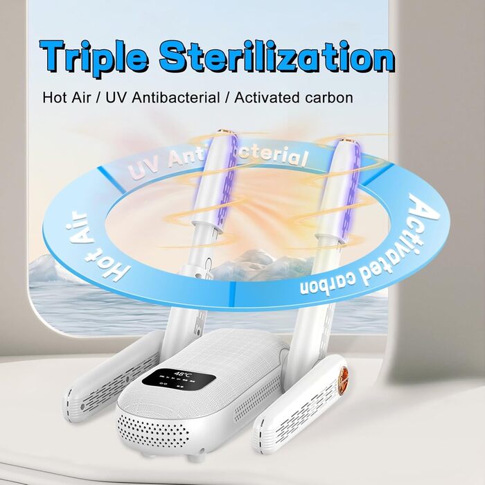 Електричний сушильник для взуття з подвійним кріпленням, для взуття, чобіт, ніг та рукавичок, з таймером, гаряче повітря, UV-світло, активоване вугілля, потрійна антибактеріальна обробка