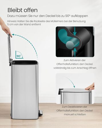 Відро для сміття SONGMICS з педаллю, 30 л, нержавіюча сталь, з внутрішнім відром, Soft-Close, LTB592E01
