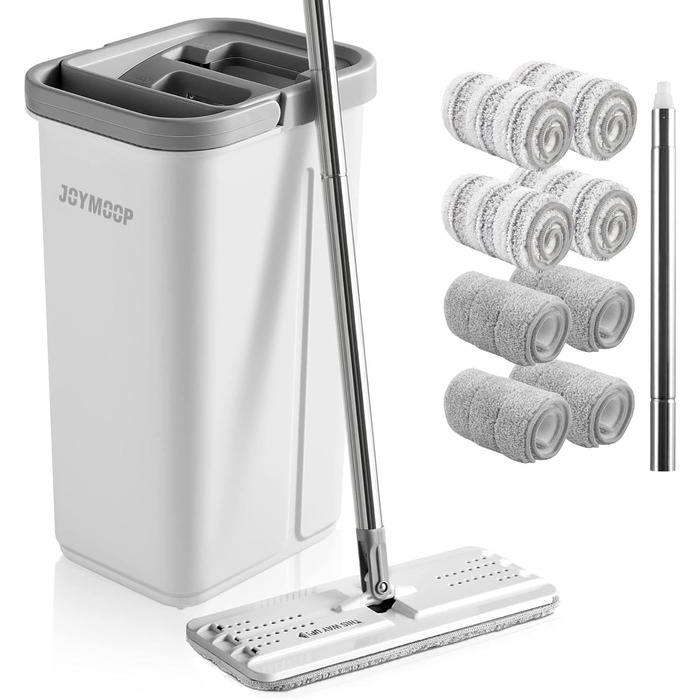 JOYMOOP Вібромийка для підлоги з відром та системою віджиму, 3 мікрофібрових насадки, для вологого та сухого прибирання, система для миття підлоги (середнє відро #13 + подовжена ручка + 8 насадок)