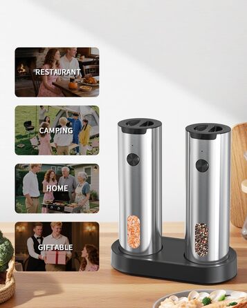 Електрична млинка для солі та перцю CIRCLE JOY, нержавіюча сталь, з підставкою, регульований помел, 110 мл, LED-підсвічування, чорний колір (Акумуляторний набір з зарядним пристроєм - срібний)