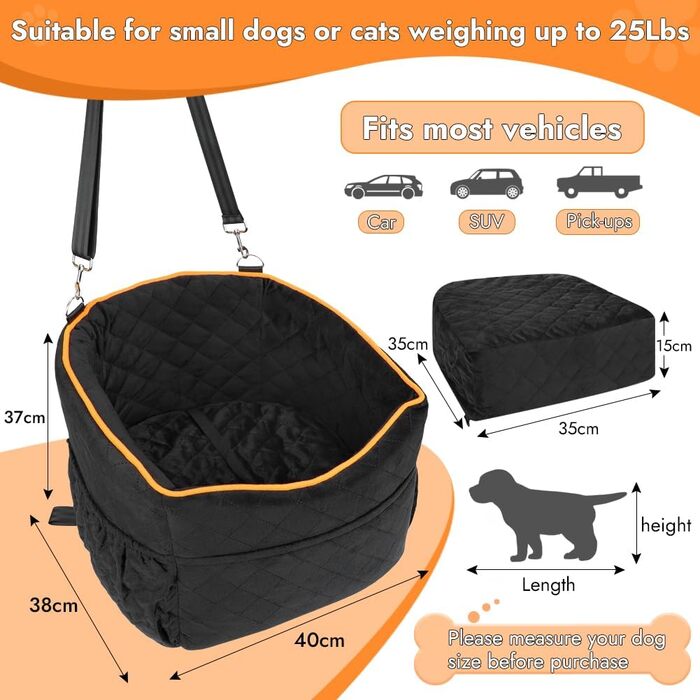 Memory Foam Dog Car Seat for Small Dogs (Under 11kg) - Elevated Design with Storage Pockets