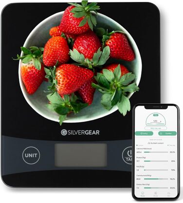 Кухонні ваги Silvergear® Digital з підключенням до App до 5 кг | Електронні кухонні ваги з функцією тарування | Цифрові ваги з підрахунком калорій | Точне вимірювання до 0,1 г | Підсвічений LCD-дисплей | Чорний