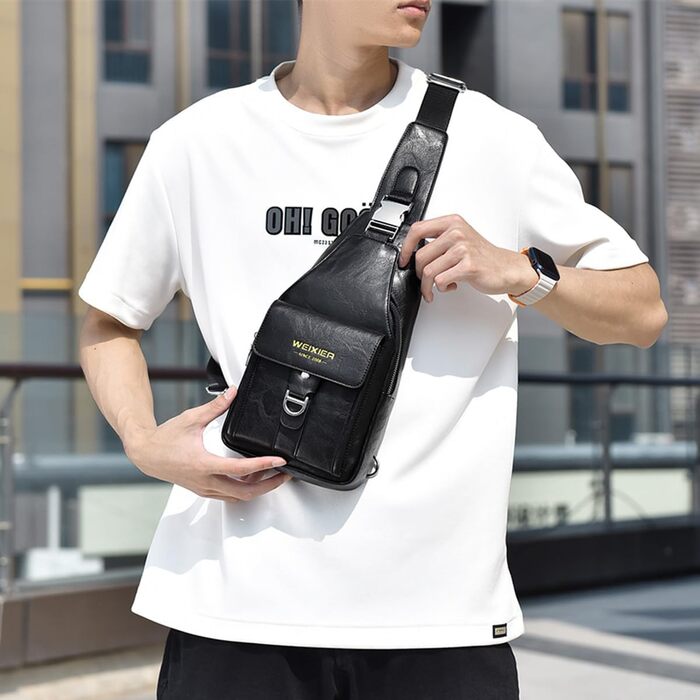 Чоловіча сумка-слінг з натуральної шкіри, водонепроникна, легка, для подорожей, велоспорту, кемпінгу (чорна)