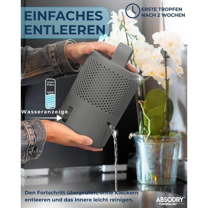 Безструмний осушувач повітря AbsoDry до 25 м² - з поповнюваним пакетом - з переробленого пластику - для вітальні, ванної кімнати, підвалу - осушувач для квартири - сірий