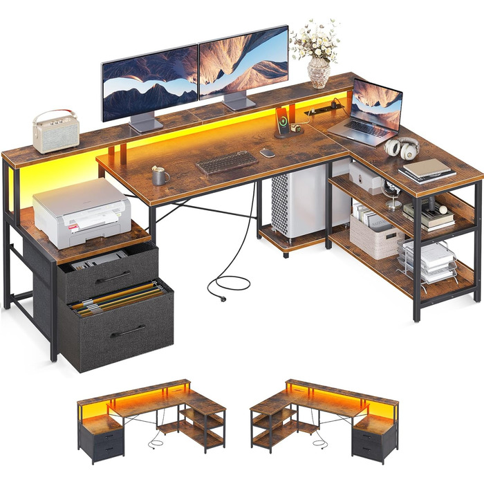 ODK L-Shaped Desk with Drawers, Reversible Corner Desk with LED & Power Strip, Large 189.3x100cm (Vintage Brown)