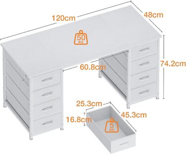 Комп'ютерний стіл Coleshome з 8 висувними ящиками для зберігання, білий (120x48 см)