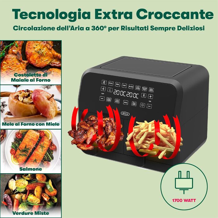 Фритюрниця аерофритюрниця Bella 8L з двома кошиками, сенсорним екраном, 8 функціями, регулюванням температури, таймером, антипригарним покриттям, 1700W, чорна