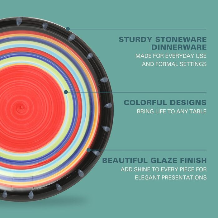 Сервіз Gibson Home Festival Rings (16 предметів) для 4 осіб: набір посуду з кераміки, ручне розмальовування, кольоровий, сумісний з мийною машиною та мікрохвильовою піччю