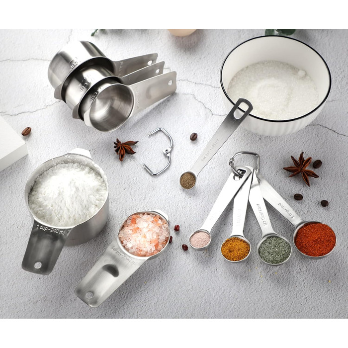 Measuring Cup and Spoon Set Stainless Steel Measuring Cup & Spoon Set includes 7 stainless steel metal measuring cups, 6 measuring spoons, and 5 mini measuring spoons for dry and liquid ingredients.