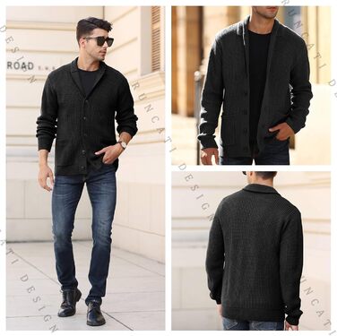 Чоловічий кардиган Runcati з грубого в'язання, великий розмір XL, з коміром-шарфом, на ґудзиках, стильний, чорний