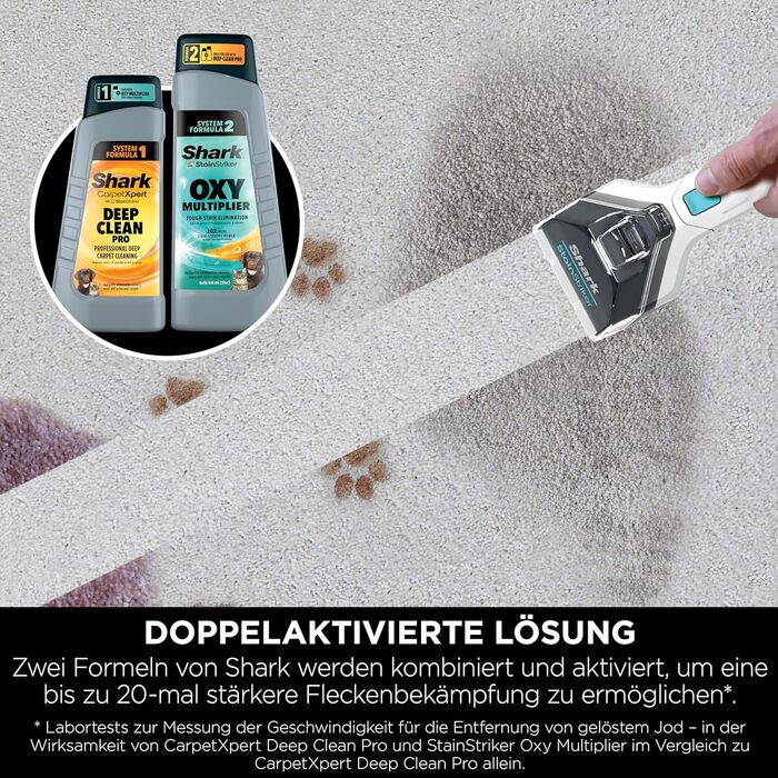 Shark Бездротовий видальник плям, портативний пилосос для прання та видалення запахів, для килимових покриттів, м'яких меблів та іншого, з коробкою для зберігання, аксесуарами та 2 × засіб для чищення, HX100EUCP (StainStriker Lösning Starterflaschen)