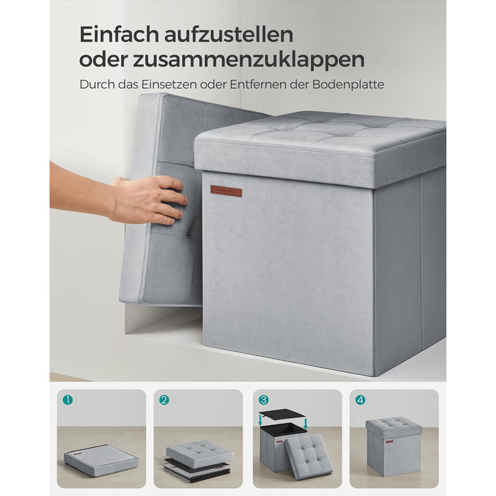 SONGMICS Storage Ottoman, Small Folding Bench, 38 x 38 cm Footstool, Storage Box, Holds up to 300 kg, for Living Room Bedroom Dorm, Dove Grey LSF227G02 38T x 38B x 38H cm Dove Grey