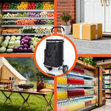 YEAUPE PRO Кухоль-тележка 3в1 з термоізольованим відділенням, 50л, знімний мішок, вантажопідйомність до 25кг, бічні кишені та відкривачка для пляшок (Чорний), не складається