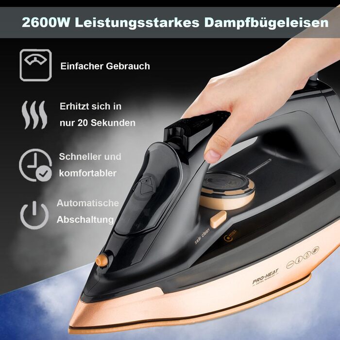 Iron, 2600 W Steam Iron, Ceramic Soleplate, Self-Cleaning & Spray Water Function, Anti-Calc, Drip Stop, Vertical Steam, Steam Iron (Black)