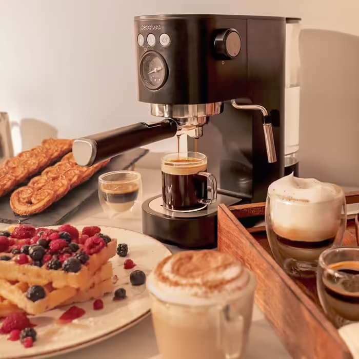 Cecotec Espressomaschine Espresso and Cappuccino Cafelizzia 790 Steel Pro. 1350W, Pressure Gauge, Thermoblock System, 20 Bar Pressure, Automatic Mode for 1-2 Coffees, Swivel Steam Wand, 1.2L, Stainless Steel (Black | Fast, With Pressure Gauge)