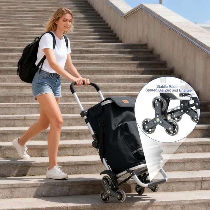 Тролей для покупок Sekey XXL з підйомником для сходин, 3 колеса, для кемпінгу та покупок, регульована ручка, алюміній 3-в-1, з відділенням для їжі та напоїв, чорний