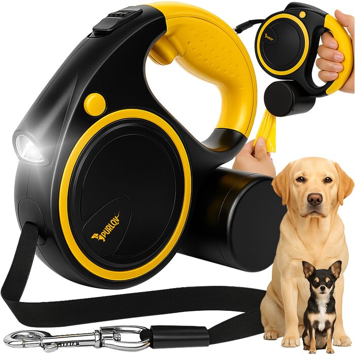 Поводок для собак PURLOV з LED-підсвіткою та дозатором для відходів – 5м автоматичний поводок для середніх собак 10–25кг – ергономічна ручка, функція зупинки та антиковзне обплетення