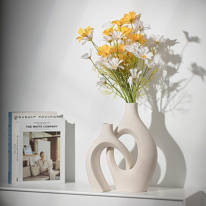SUKIYPO Ceramic Vase Set - Beige Modern Vases (2-Pack) for Nordic, Boho Home Decor - Large Decorative Flower Vases for Living Room, Office, Farmhouse, Coffee Table