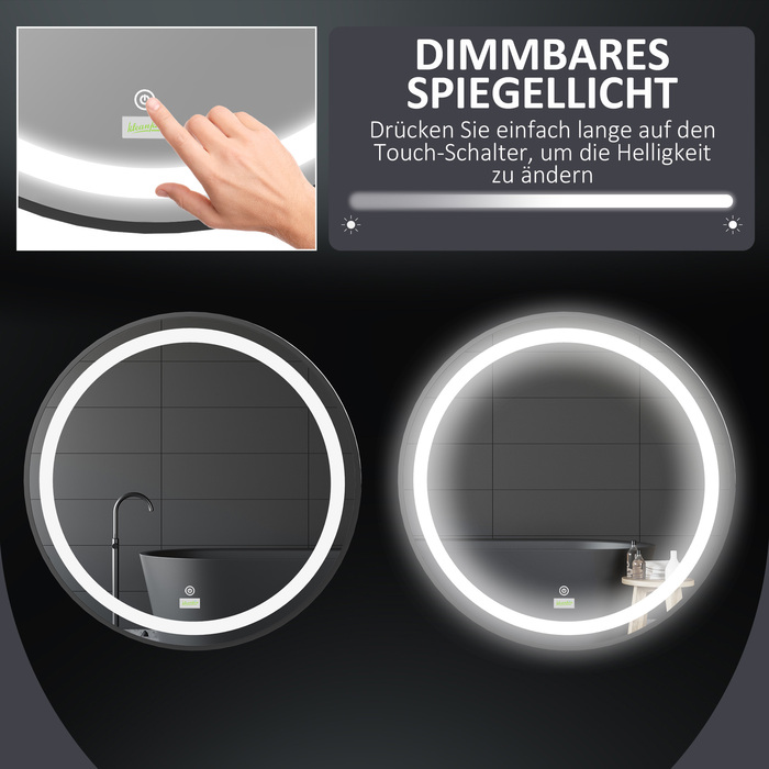 Kleankin LED Bathroom Mirror Ø60cm, Bathroom Mirror with 3 Light Colors, Touch Function, Memory Function, IP44, Black for Modern Bathroom
