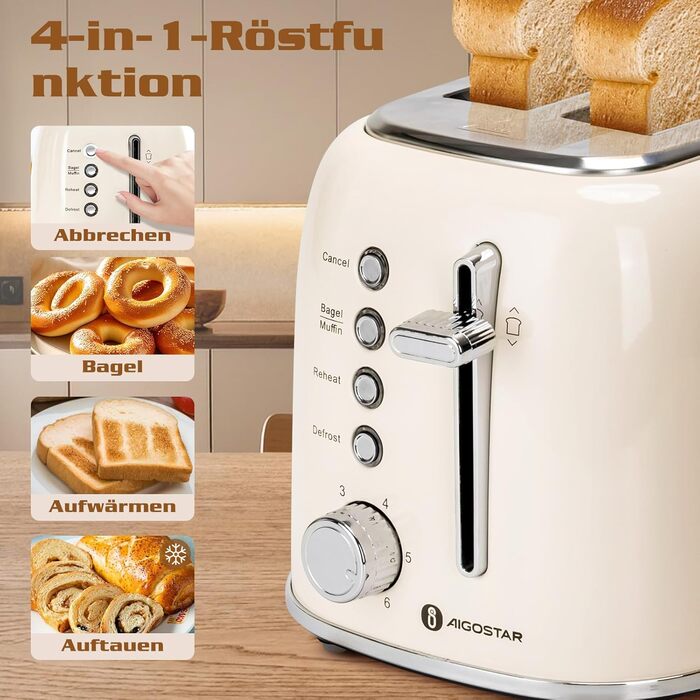 Тостер Aigostar 2-х секційний, Ретро, Кремовий, 800W, 6 рівнів підсмажування, Функції: Bagel, розморожування, підігрів, відміна