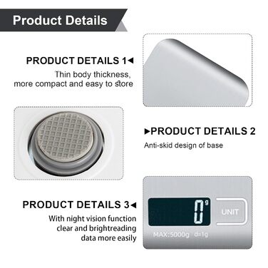 Цифрова кухонна вага, 10 кг/1 г, USB, акумулятор, LCD дисплей, функція тарування - срібно-білий