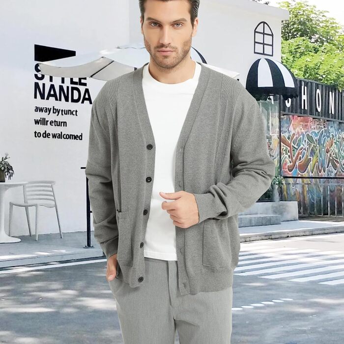 Чоловічий кардиган з в'язаного полотна, V-подібний виріз, бавовна, з ґудзиками та кишенями (сірий, M)