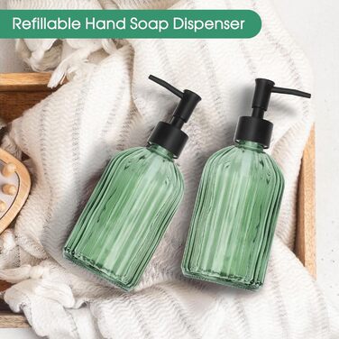 Скляні дозатори для мила Topsky (2 шт.), 400 мл, з чорною помпа, для кухні та ванної кімнати, ідеально для мила, лосьйонів та ефірних олій (оливковий зелений)