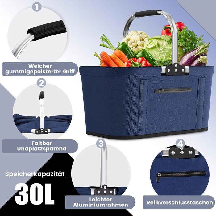 Складаний кошик для покупок на 30 літрів з 4 стійками | Міцний кошик для перенесення та пікнік | Великий кошик для сім'ї (46x27x25см) | З м'якими ручками | Для покупок, подорожей, кемпінгу (30л, Синій)
